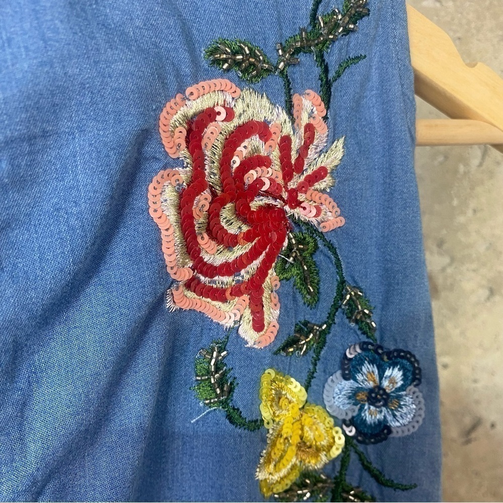 Zara blue chambray floral embroidered boho cold shoulder shift dress medium - Picture 8 of 9